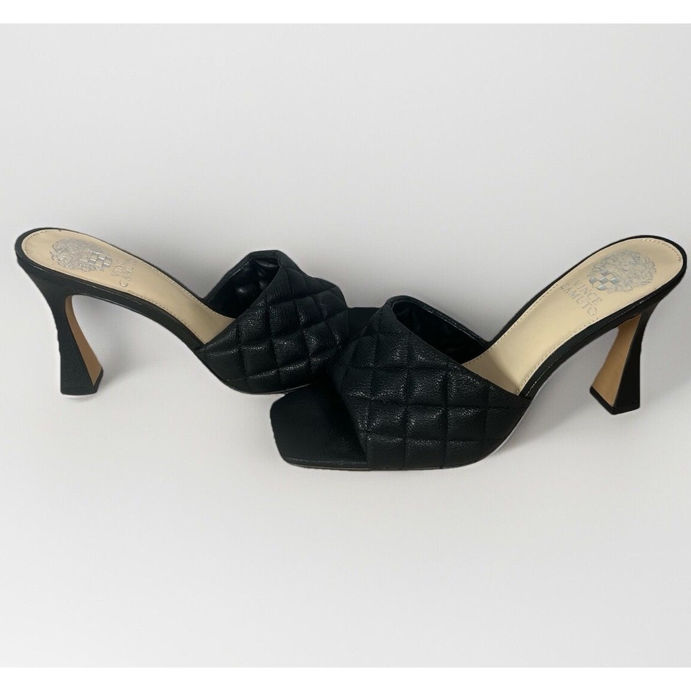 Vince Camuto Reselm Black Leather Quilted High Heel Slip On Mule Size 8.5 read